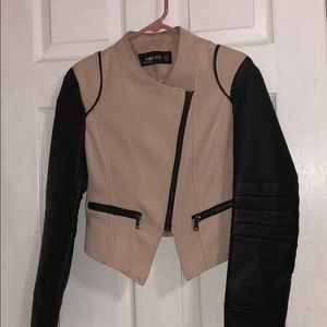 Beige and black moto jacket
